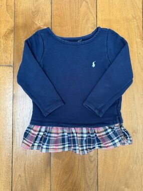 Ralph Lauren Girls Navy Plaid Ruffle Sweatshirt Peplum Top Size 3T